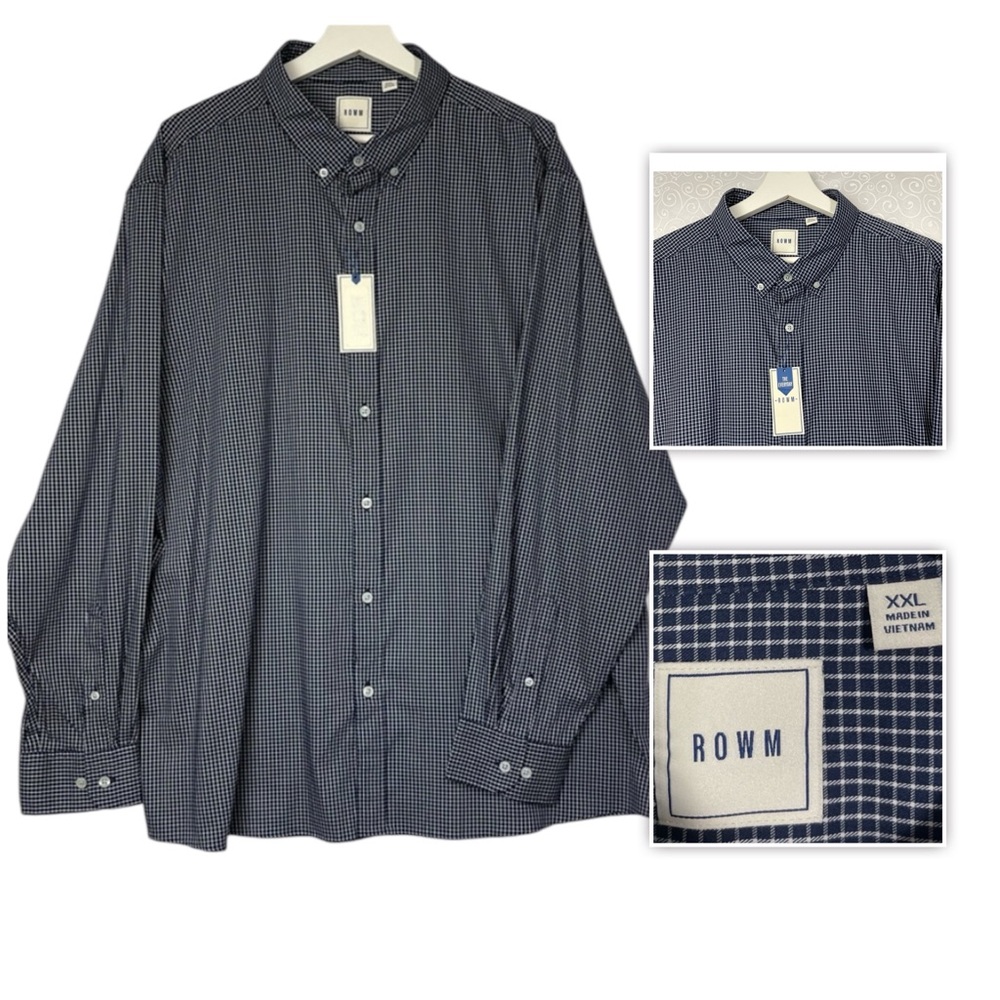 ROWM  MEN'S BUTTON UP SHIRT SIZE XXL BLUE NAVY WHITE PLAID LONG SLEEVE New